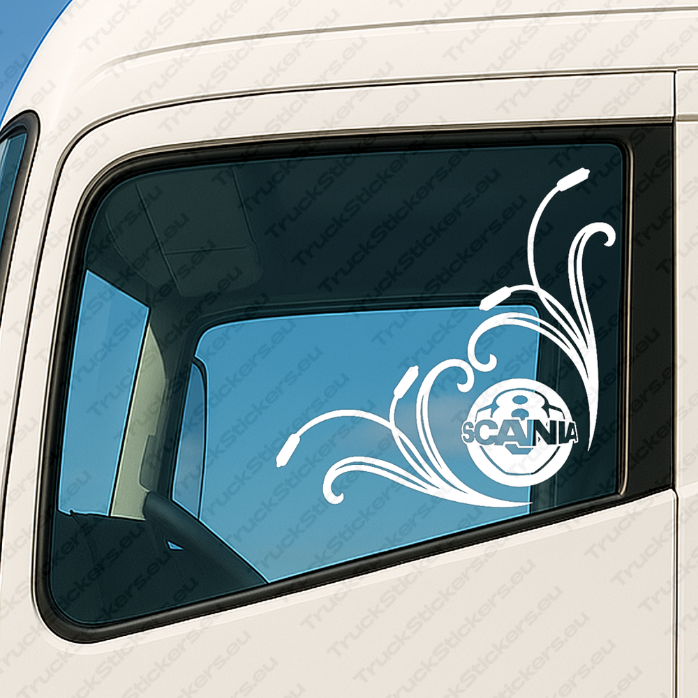 window-sticker-for-trucks-90223-white White Scania Truck Window Sticker, V8 Badge in Circle with Text Logo and Flourish Graphics