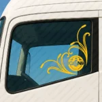 Yellow Scania Truck Window Sticker, V8 Badge in Circle with Text Logo and Flourish Graphics