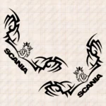 Closeup of Scania Truck Window Sticker, Text Logo with V8, Griffin and Corner Dynamic Wave Graphics