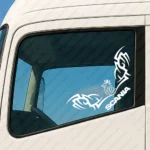 White Scania Truck Window Sticker, Text Logo with V8, Griffin and Corner Dynamic Wave Graphics