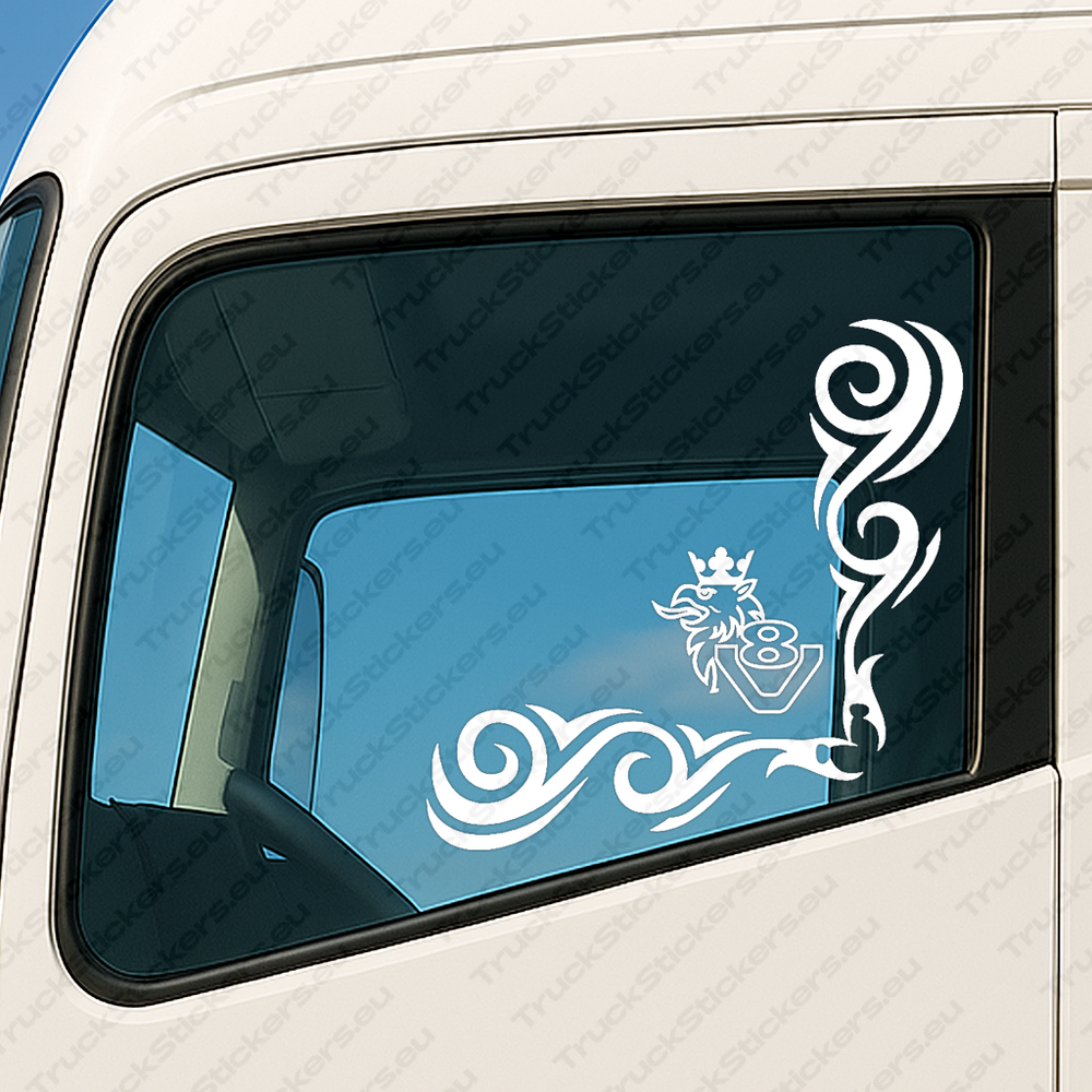 window-sticker-for-trucks-90241-white White Scania Truck Window Sticker, Classic Griffin with V8 and Flowing Swirl Graphics