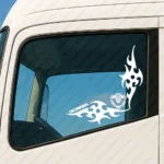 White Scania Truck Window Sticker, V8 Round Badge with Text Logo and Dynamic Wave Graphics