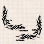 Closeup of Scania Truck Window Sticker, Griffin and Text Logo with Dynamic Wave Graphics