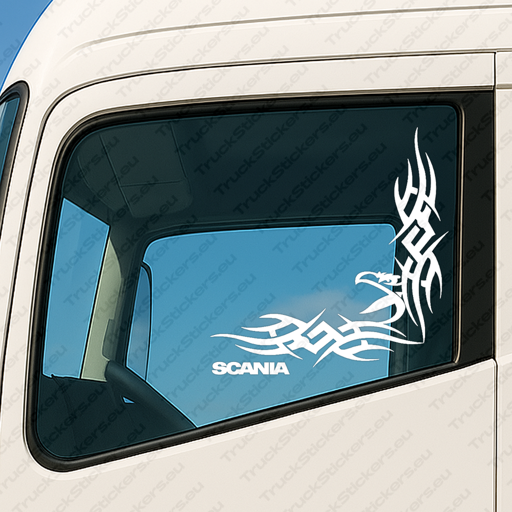 window-sticker-for-trucks-90283-white White Scania Truck Window Sticker, Griffin and Text Logo with Dynamic Wave Graphics