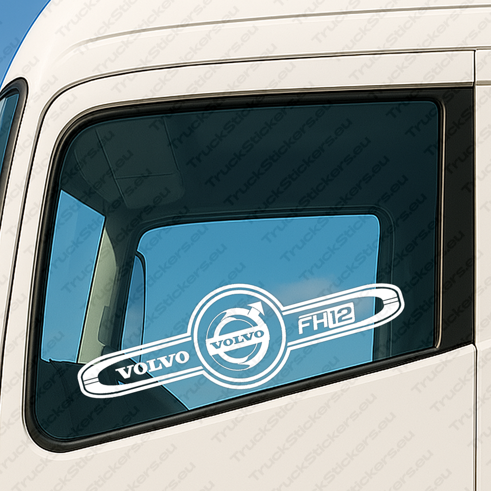 window-sticker-for-trucks-90421-white White Volvo Truck Window Sticker, FH12 with Classic Logo Inside Frame