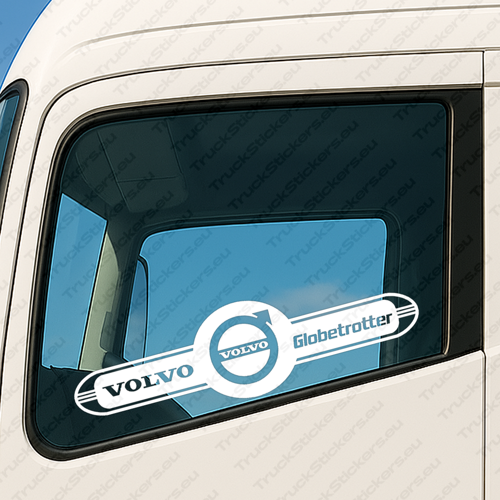 window-sticker-for-trucks-90423-white White Volvo Truck Window Sticker, Globetrotter with Modern Logo Inside Frame