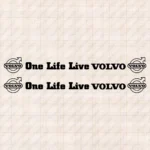 Closeup of Volvo Truck Window Sticker, One Life Live with Text and Classic Logos