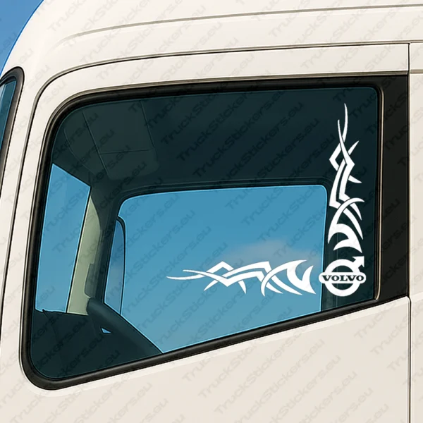 White Volvo Truck Window Sticker, Classic Logo with Corner Tribal Graphics