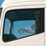 Brown Volvo Truck Window Sticker, Classic Logo with Corner Flowing Swirl Graphics