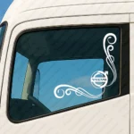 White Volvo Truck Window Sticker, Classic Logo with Corner Flowing Swirl Graphics