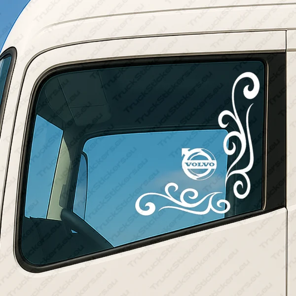 White Volvo Truck Window Sticker, Classic Logo with Flowing Swirl Graphics