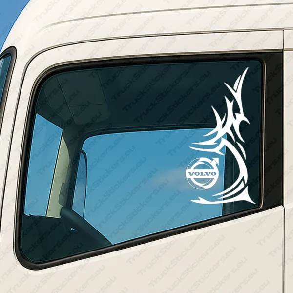 White Volvo Truck Window Sticker, Classic Logo with Tribal Verical Graphics