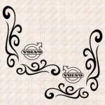 Closeup of Volvo Truck Window Sticker, Classic Thin Logo with Corner Flowing Swirl Graphics
