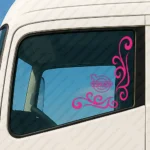 Fuchsia Volvo Truck Window Sticker, Classic Thin Logo with Corner Flowing Swirl Graphics