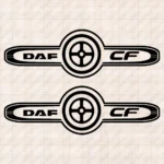 Closeup of Daf Truck Window Sticker, CF with Text Logo and Symbol Inside Frame