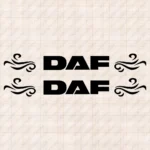 Closeup of Daf Truck Window Sticker, Text Bold Logo with Flourish Graphics