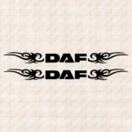 Closeup of Daf Truck Window Sticker, Text Bold Logo with Tribal Graphics