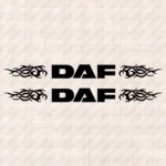 Closeup of Daf Truck Window Sticker, Bold Text Logo with Modern Tribal Graphics