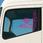Fuchsia Daf Truck Window Sticker, Classic Logo with Corner Flower Graphics