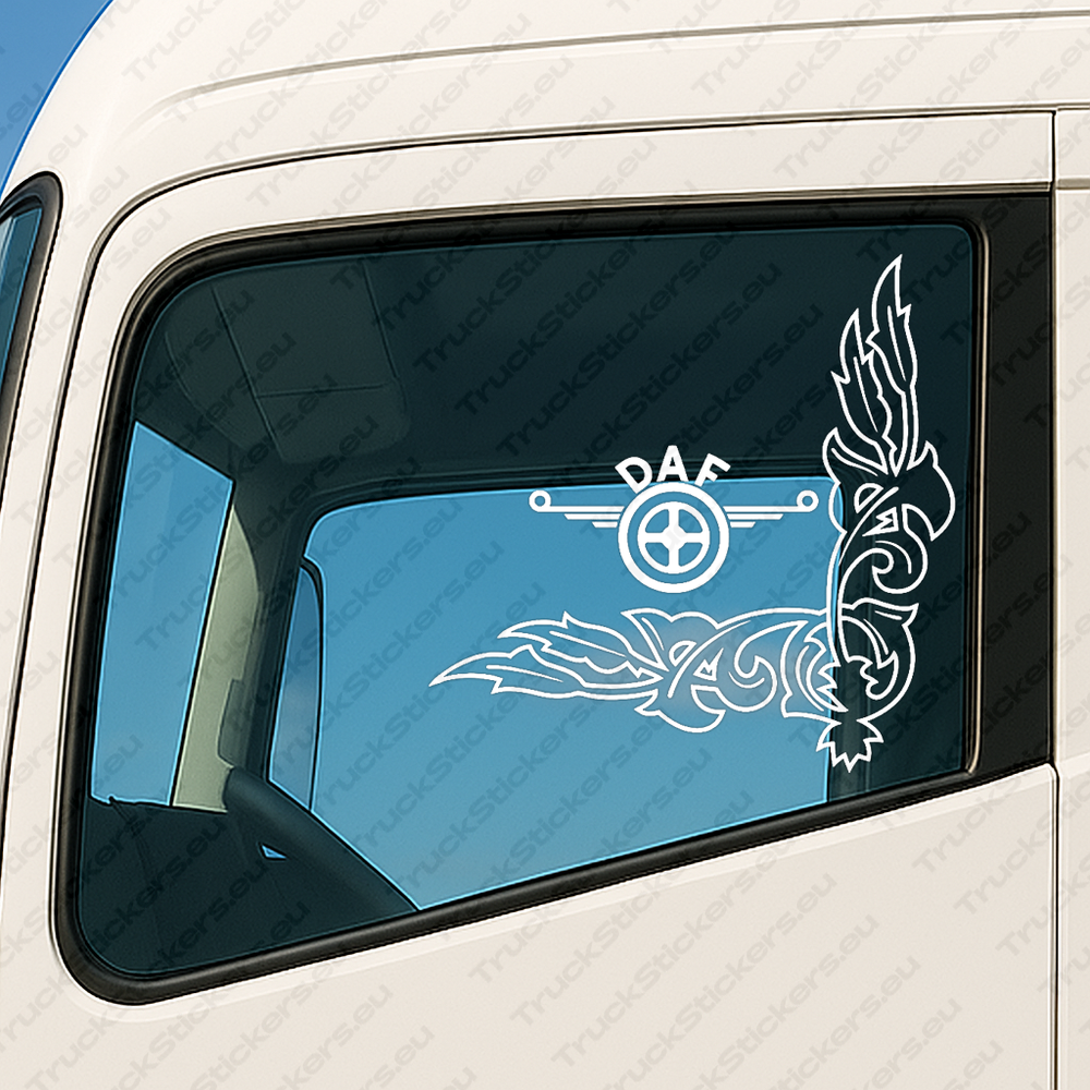 window-sticker-for-trucks-90607-white White Daf Truck Window Sticker, Classic Logo with Corner Flower Graphics