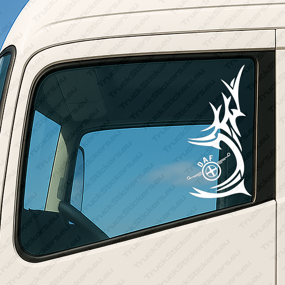 window-sticker-for-trucks-90624-white White Daf Truck Window Sticker, Classic Logo with Vertical Tribal Graphics