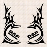 Closeup of Daf Truck Window Sticker, Underlined Text Logo with Vertical Tribal Graphics