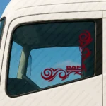Burgundy Daf Truck Window Sticker, Underlined Text Logo with Flowing Swirl Graphics