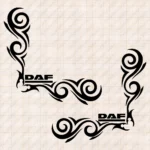 Closeup of Daf Truck Window Sticker, Underlined Text Logo with Flowing Swirl Graphics