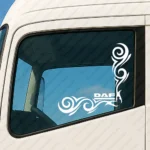 White Daf Truck Window Sticker, Underlined Text Logo with Flowing Swirl Graphics