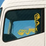 Yellow Daf Truck Window Sticker, Underlined Text Logo with Flowing Swirl Graphics