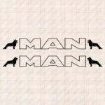Closeup of Man Truck Window Sticker, Text Logo Outline with Lions