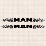 Closeup of Man Truck Window Sticker, Bold Text Logo with Tribal Graphics
