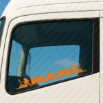 Orange Man Truck Window Sticker, Classic Logo with Women Holding a Trident
