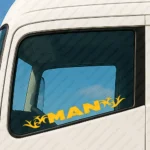 Yellow Man Truck Window Sticker, Classic Big Text Logo with Tribal Graphics