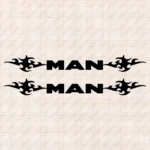 Closeup of Man Truck Window Sticker, Classic Text Logo with Tribal Graphics