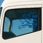Blue Man Truck Window Sticker, Big Lion with Vertical Text Logo
