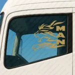 Gold Man Truck Window Sticker, Big Lion with Vertical Text Logo