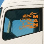 Orange Man Truck Window Sticker, Big Lion with Vertical Text Logo