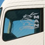 Silver Man Truck Window Sticker, Big Lion with Vertical Text Logo