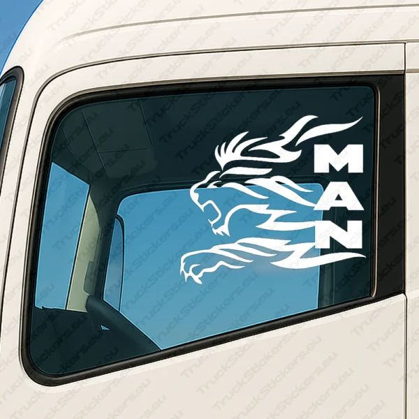 White Man Truck Window Sticker, Big Lion with Vertical Text Logo
