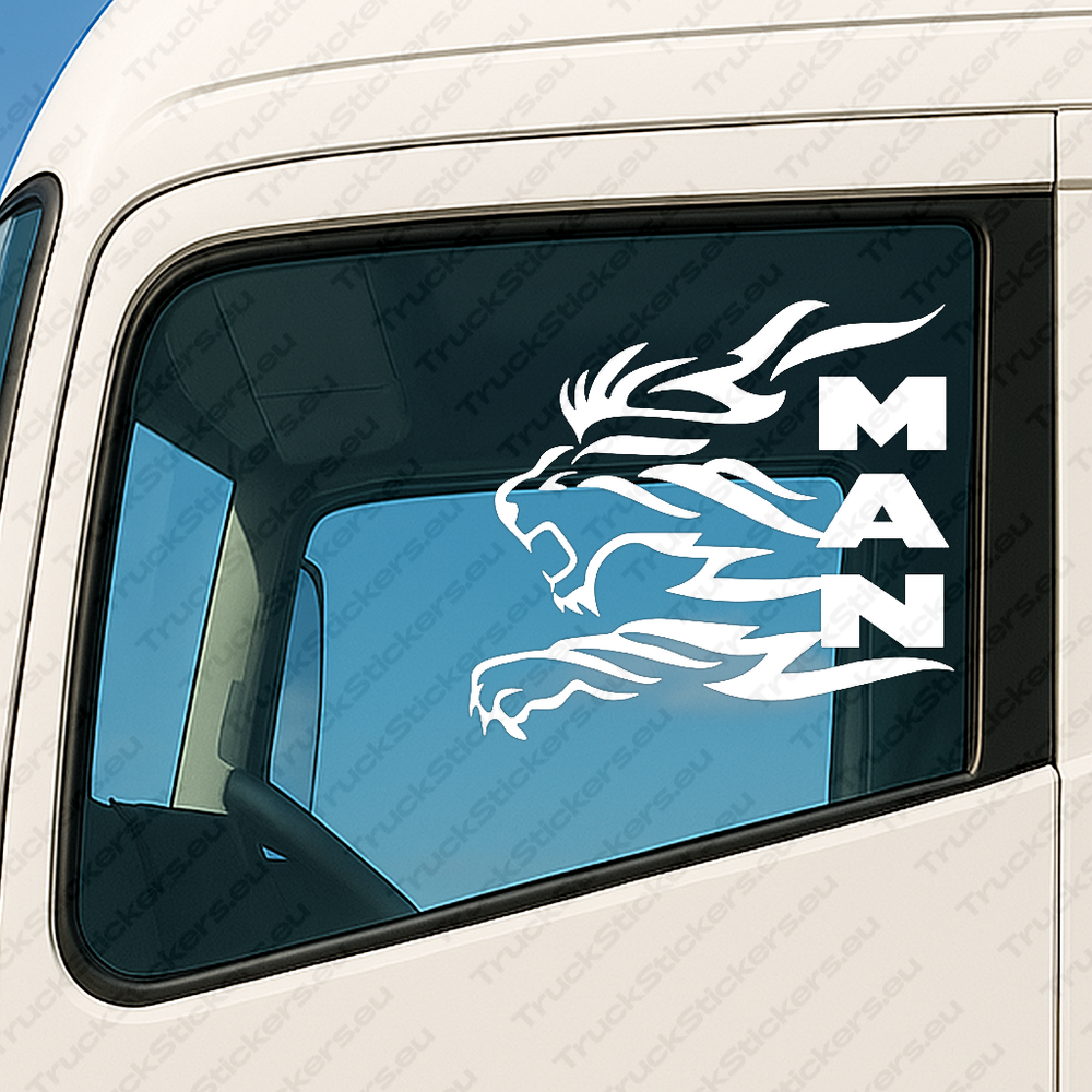 window-sticker-for-trucks-90658-white White Man Truck Window Sticker, Big Lion with Vertical Text Logo