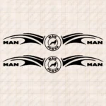 Closeup of Man Truck Window Sticker, Power with Classic Text Logos and Lion