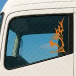 Orange Man Truck Window Sticker, Lion with Vertical Tribal Graphics