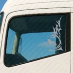 Silver Man Truck Window Sticker, Lion with Vertical Tribal Graphics