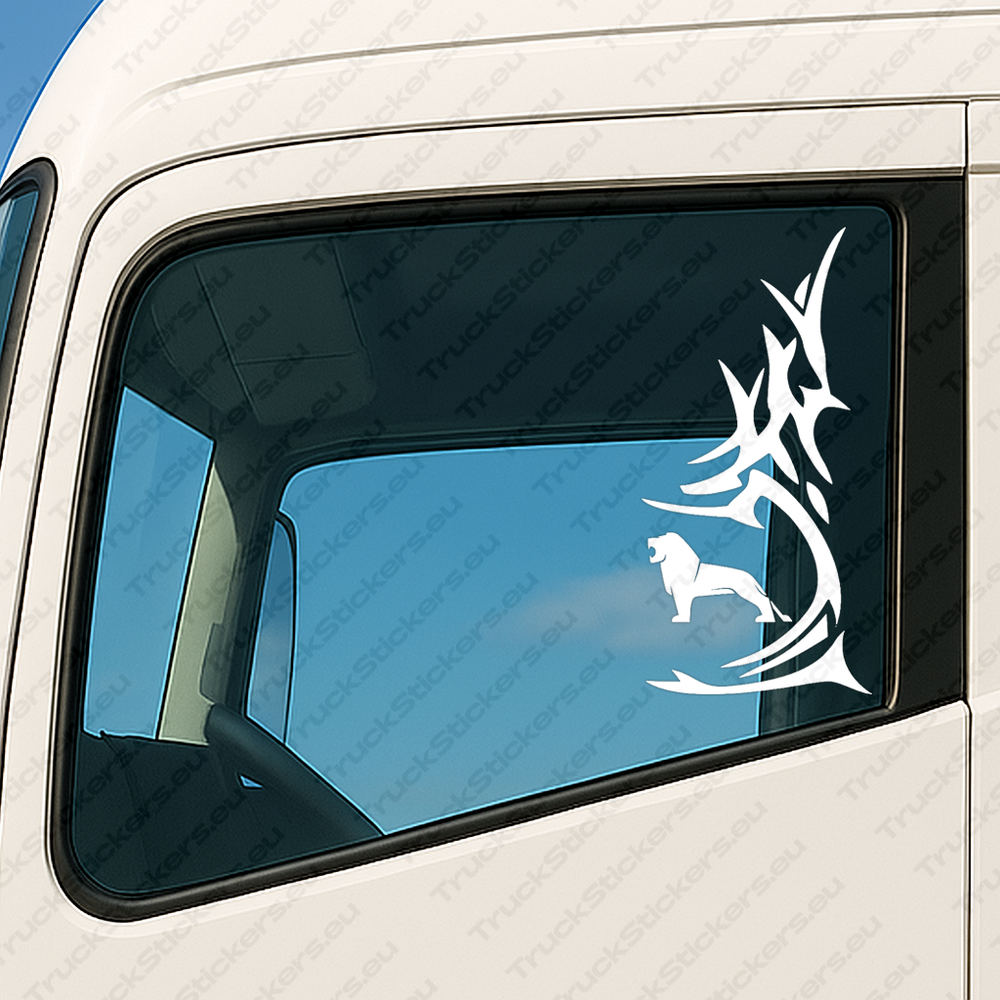 window-sticker-for-trucks-90666-white White Man Truck Window Sticker, Lion with Vertical Tribal Graphics