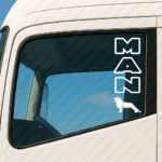 White Man Truck Window Sticker, Lion with Vertical Text Logo Outline