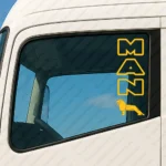 Yellow Man Truck Window Sticker, Lion with Vertical Text Logo Outline