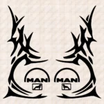 Closeup of Man Truck Window Sticker, Classic Logo with Lion and Vertical Tribal Graphics