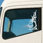 White Man Truck Window Sticker, Classic Logo with Lion and Vertical Tribal Graphics