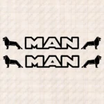Closeup of Man Truck Window Sticker, Classic Text Logo Outline with Lions